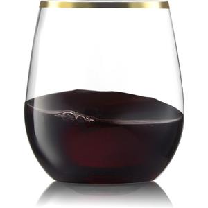 32 Pack Stemless Plastic Wine Glasses Disposable 12 Oz Gold Rim - Shatterproof Recyclable and BPA-Free, Stylish Drinkware for all Beverages, Cocktail Parties, Wedding Reception