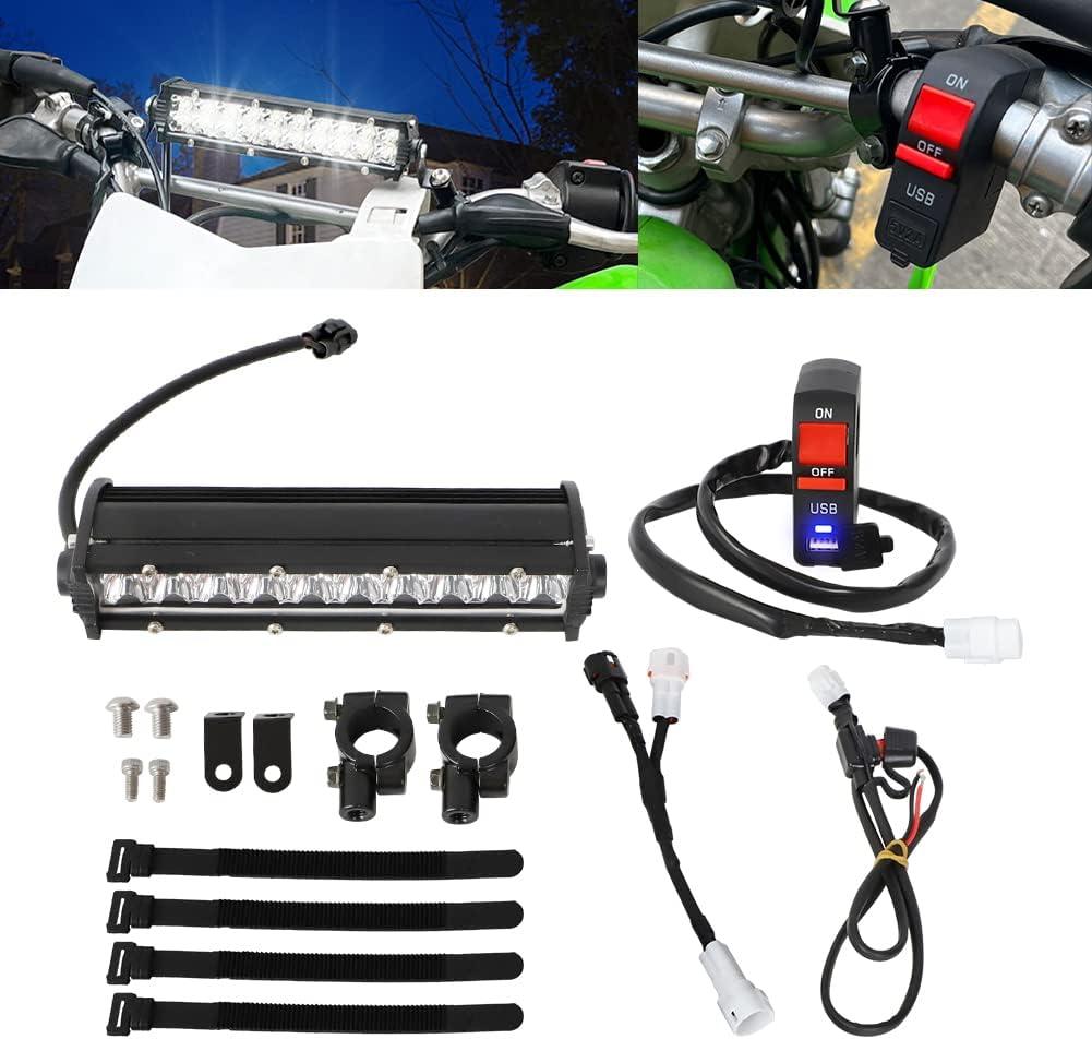 Motoparty LED Light Bar Kit for CRF110 KLX110 TTR110 YZ250F with USB Socket Charger, 60W Motocross LED Headlight Kit and Off Road Wiring Harness Plug-Play Headlight Assembly Fits Most 7/8 Handlebars