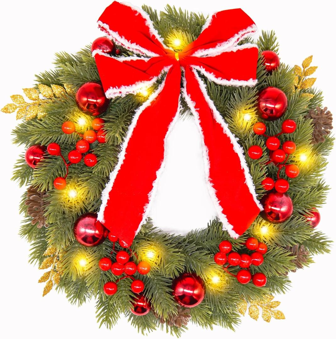 Christmas Wreath 16 Inch Green Artificial Front Door Wreath with Pine Cones Berries Balls LED Fairy Light Decorations for Fireplace Outdoor Indoor Party Wall Home Decor (Red)