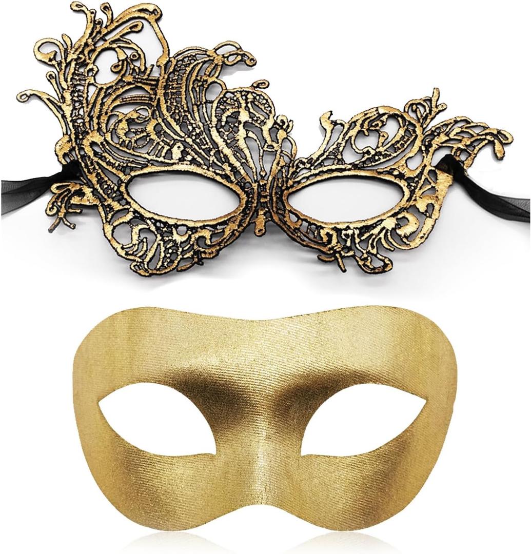 Couple Masquerade Mask for Women Men Venetian Mask Halloween Mask for Party Prom Ball Costume Lace Mask (Gold)
