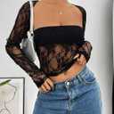 Girece Going Out Tops for Women Long Sleeve 2 Piece Square Neck Tank Top Lace Mesh Sheer Crop Tops Strapless Shirts (Black)