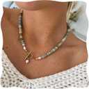 Amazonite Necklace, Colored Natural Stone Amazonite Beaded Necklace with Freshwater Pearl, 18 Inch Beaded Choker Summer Beach Jewelry for Women