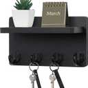 Nekon Key Holder Wall Mount, 8.5 Inch Small Home Decor Wooden Wall Organizer with 4 Hooks and Shelf, Wall Decor for Living Room Entryway Kitchen (Black)