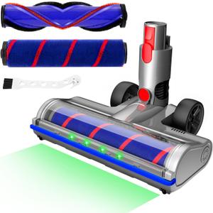 2 Brushes Vacuum Cleaner Head with Four Green LED Lights & Self-Standing Design, for V7/V8/V10/V11/V15, Quick-Release Motorized Brush Roll, Anti-Tangle for Hard Floor & Thin Carpets & Shaggy Carpet (Gray + Blue)