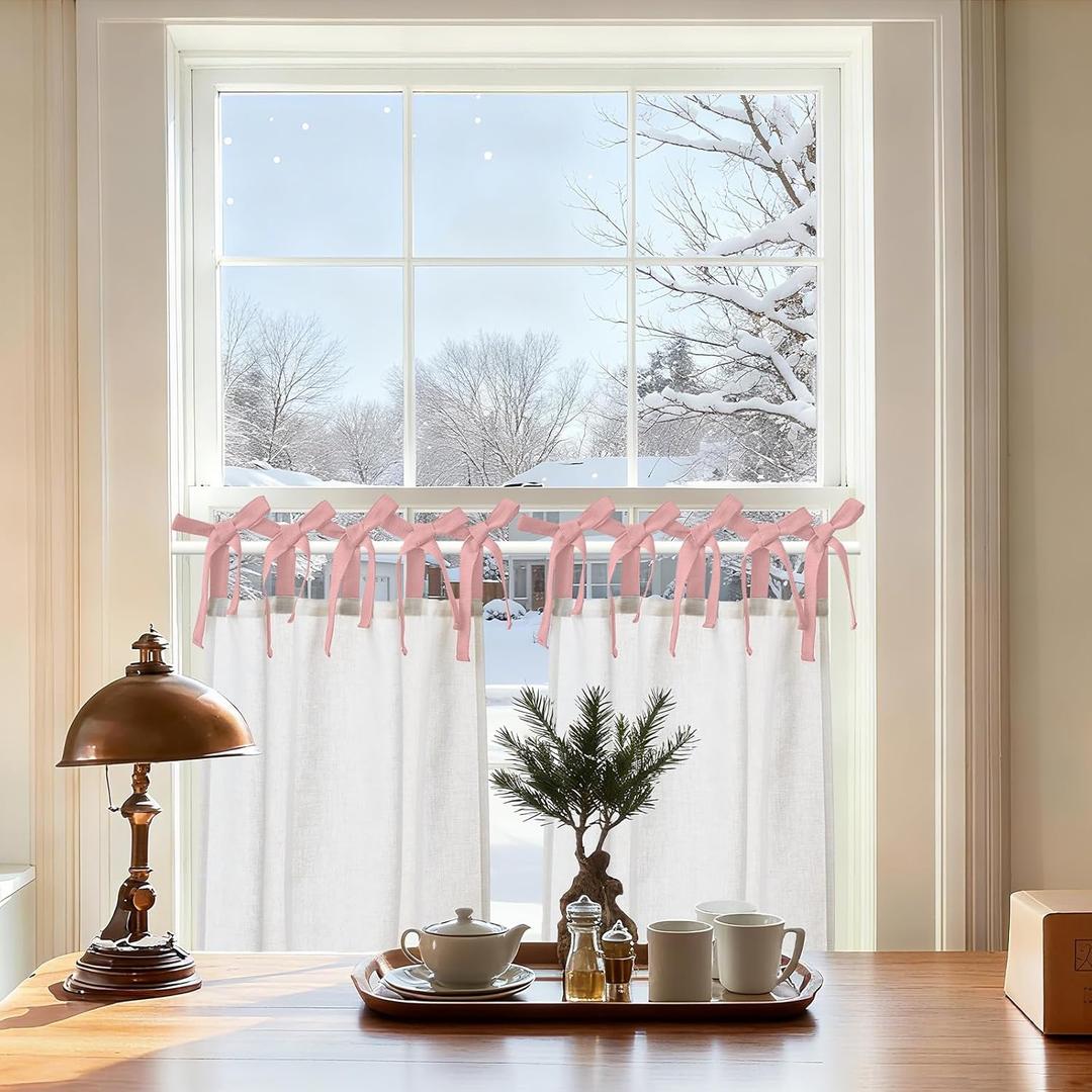 jinchan Linen Tie Top Curtains 24 Inch Length Farmhouse Cafe Curtains Set of 2 for Bedroom Bathroom Rustic Small Windows Light Filtering White Panels with Pink Ties