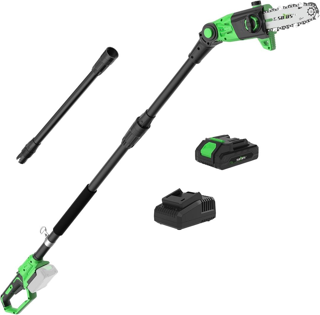 SOYUS Pole Saw 8-Inch Cordless, 15-Foot Max Reach Electric Pole Saw for Tree Trimming, 16ft/s Speed, Auto Oiling, Multi-Angle Pole Chainsaw with 2.0Ah Battery & Charger (15Ft 8'' pole saw)