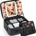 Mid-Size Makeup Bag with LED 1X5X10X20X30X Magnifying Mirror and Travel Makeup Train Case Cosmetic Organiser with Mirror and Separate Makeup Brush Panel, Portable Adjustable Divider, Black