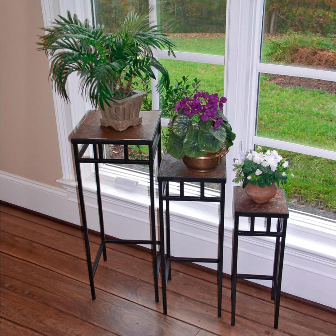 Zhongma Set of 3 Metal Plant Stand with Slate Top Fully Assembled Square Flower Shelf without Installation Required