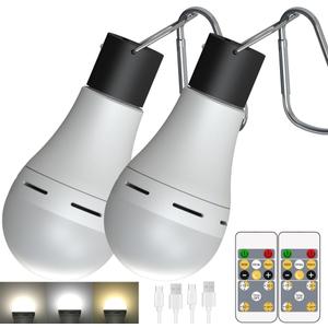 USB Rechargeable Light Bulbs with Remote and Timer, 3CCT 3000K-6000K, 10 Level Brightness, 2 Pack Rechargeable Battery Light Bulbs for Home Emergency Camping Hiking