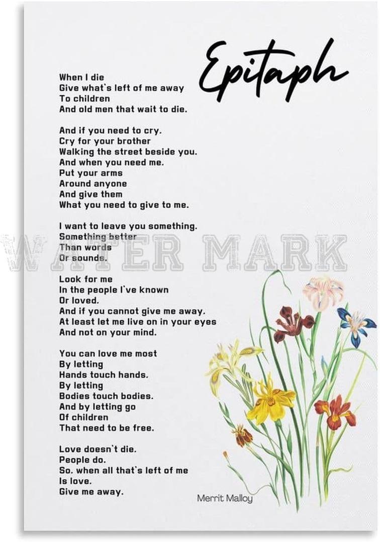 Epitaph Poem Poster by Merrit Malloy, When I Die, Poem on Death Canvas Painting Wall Art Poster for Bedroom Living Room Decor 12x18inch(30x45cm) Unframe-style