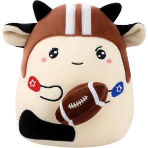 Cowdy Blitz Football Stuffed Animal, 8 Inch Plush Cow Toy in Helmet Holding Rugby, Cute Sport Plushie Pillow, Gifts for Kids Boys Girls, Room Party Sports Game Day Decor Birthday