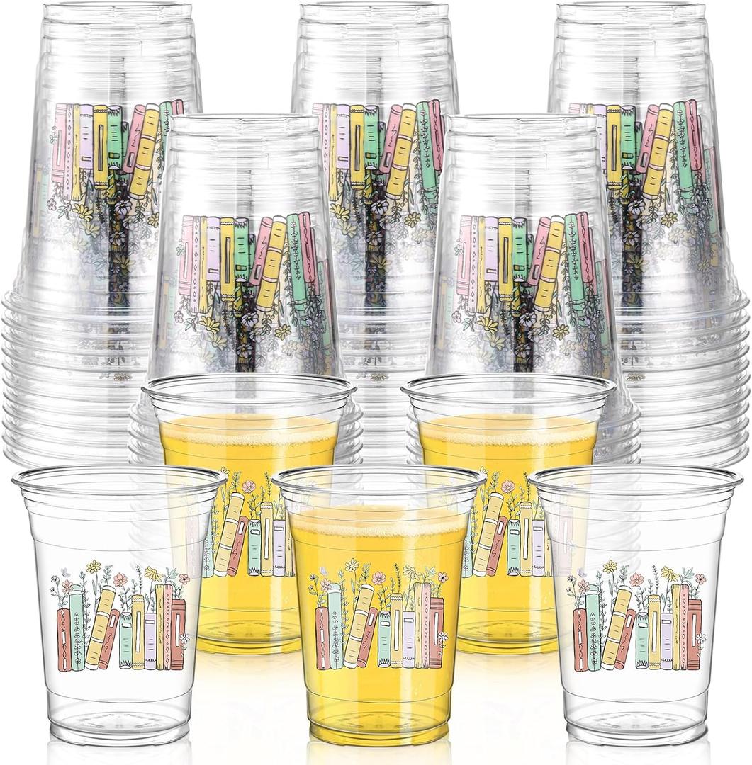 Qinyoung 50 Pcs 16 oz Book Theme Party Cups Book Club Birthday Party Supplies Library Reading Themed Cups for Reading Tableware Supplies