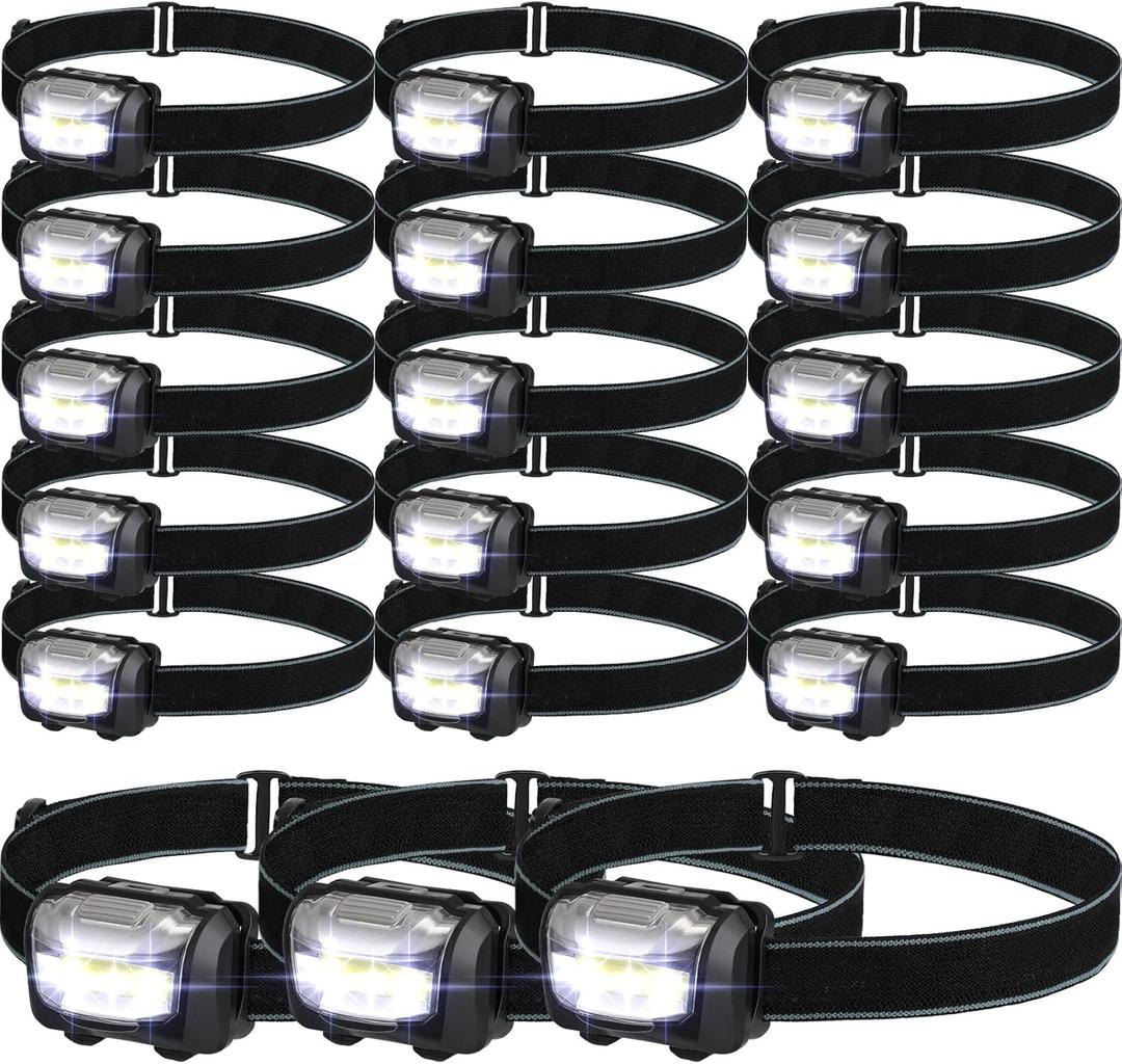 Macarrie 18 Pack LED Headlamps IPX4 Waterproof 3 Modes Headlamp Flashlight Bright Head Lights Camping Accessories for Adults Kids Hiking, Running, Repairing, Fishing, Batteries Not Included(Black)