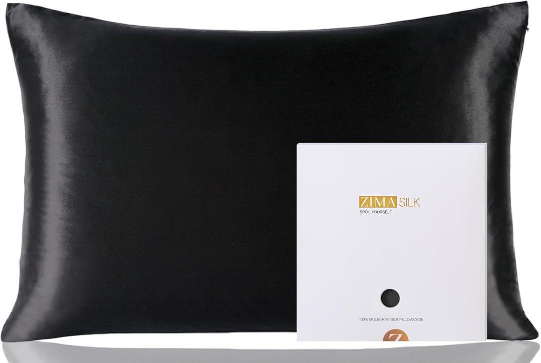 ZIMASILK 100% Pure Mulberry Silk Pillowcase for Hair and Skin Health,Soft and Smooth,Both Sides Premium Grade 6A Silk,600 Thread Count,with Hidden Zipper,1pc (Queen 20''x30'',Black)