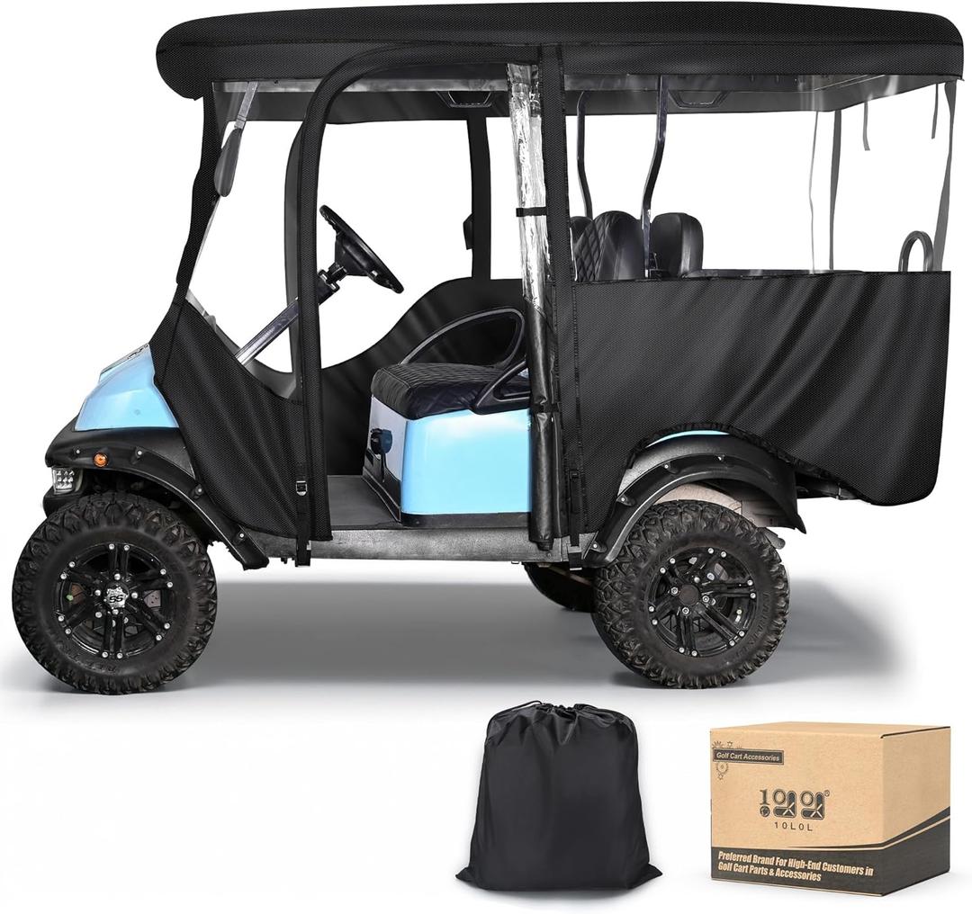 10L0L Golf Cart Driving Enclosure for 4 Passenger Club Car Precedent 94.5'' L Extended Roof Deluxe 600D Waterproof Windproof Heavy Duty Rain Cover with 4 Doors Clear PVC Side Mirror Openings