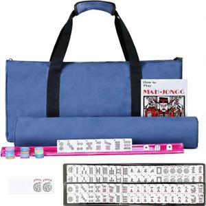 Ploomi American Mahjong Tiles Set, 166 White Tiles, 4 Color Racks & Pushers, Complete Western Mahjong Set with Blue Carrying Bag for Beginners & Experts - Blue