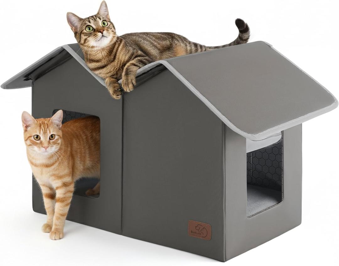 Bedsure Weatherproof Outdoor Cat House-Extra Wide Insulated Feral Cat Shelter with Raised Base in Winter, Waterproof Outside Pet Hideout for Stray Kitty, 22.5x12.5x13.25inches, Grey, Unheated
