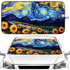 Starry Night Sunflowers Car Windshield Sun Shade Foldable Sunshade Front Window Cover Sun Visor Protector Accessories (59x27.5 inches)