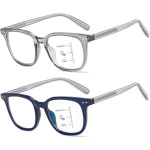 Missfive 2-Pack Multifocus Progressive Reading Glasses Men, Blue Light Blocking Multifocal Readers(Top Is Not 0)