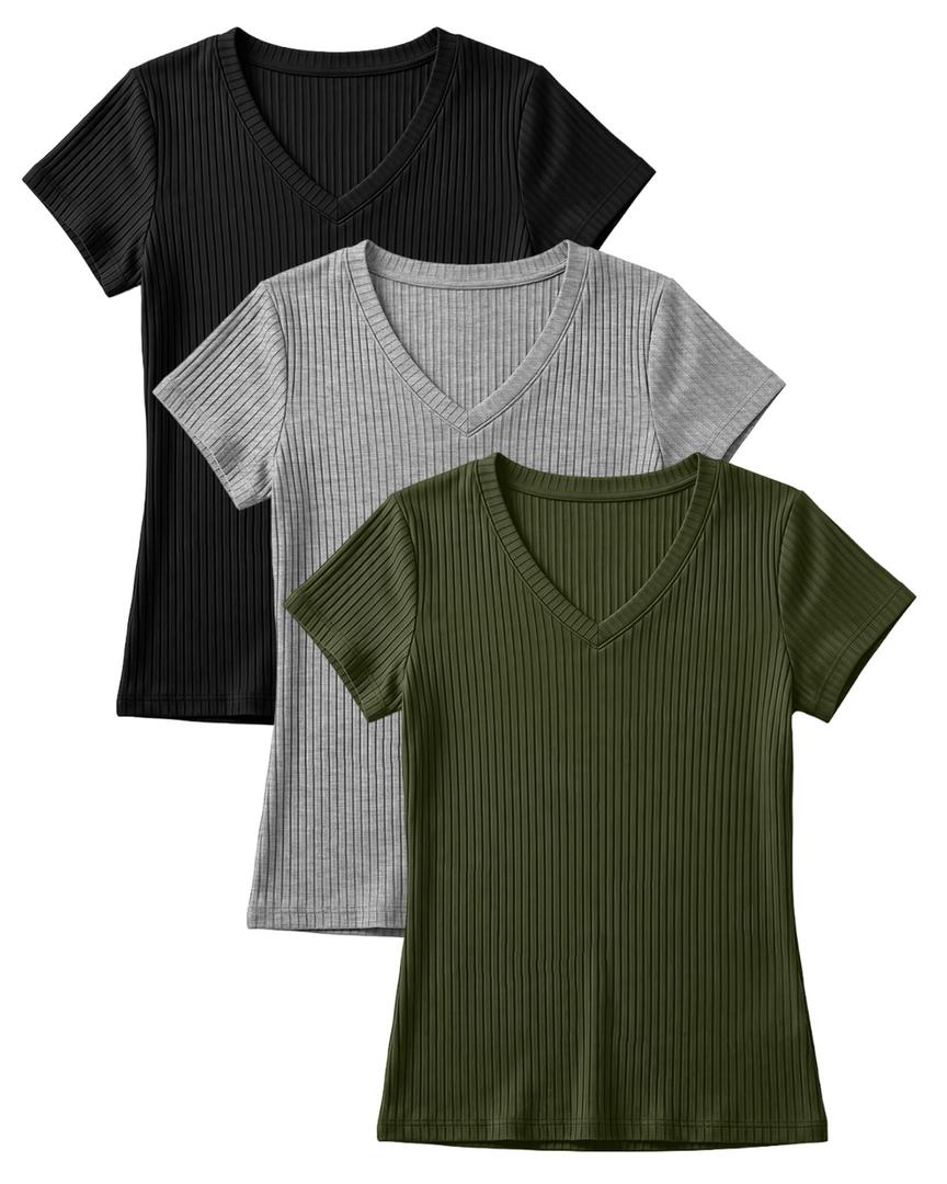 YooAurvox 3 Pack Girls V Neck Shirts, 3-Color, 11-12 Years
