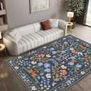 Azadx Living Room Rug 5x7 Rug Washable Area Rug Floral Rugs with Rubber Backing Non-Slip Large Rugs for Living Room, Bedroom, Farmhouse, Dining Room (Dark Blue-green)