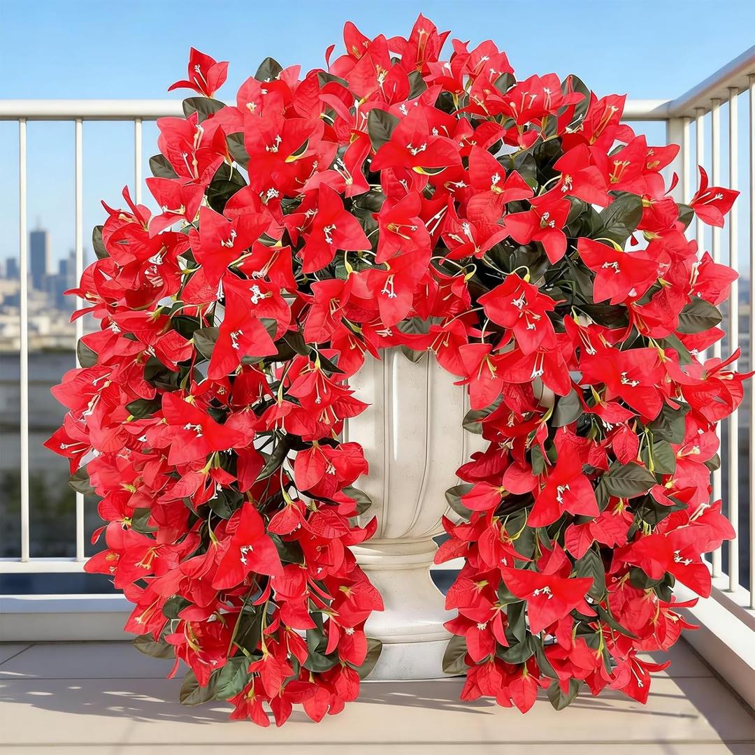 3Pack Faux Bougainvillea Artificial Flowers Plants for Outdoor Outside Decoration, Red Fake Flowers UV Resistant Look Real Silk Long Trailing Vines for Front Door Porch