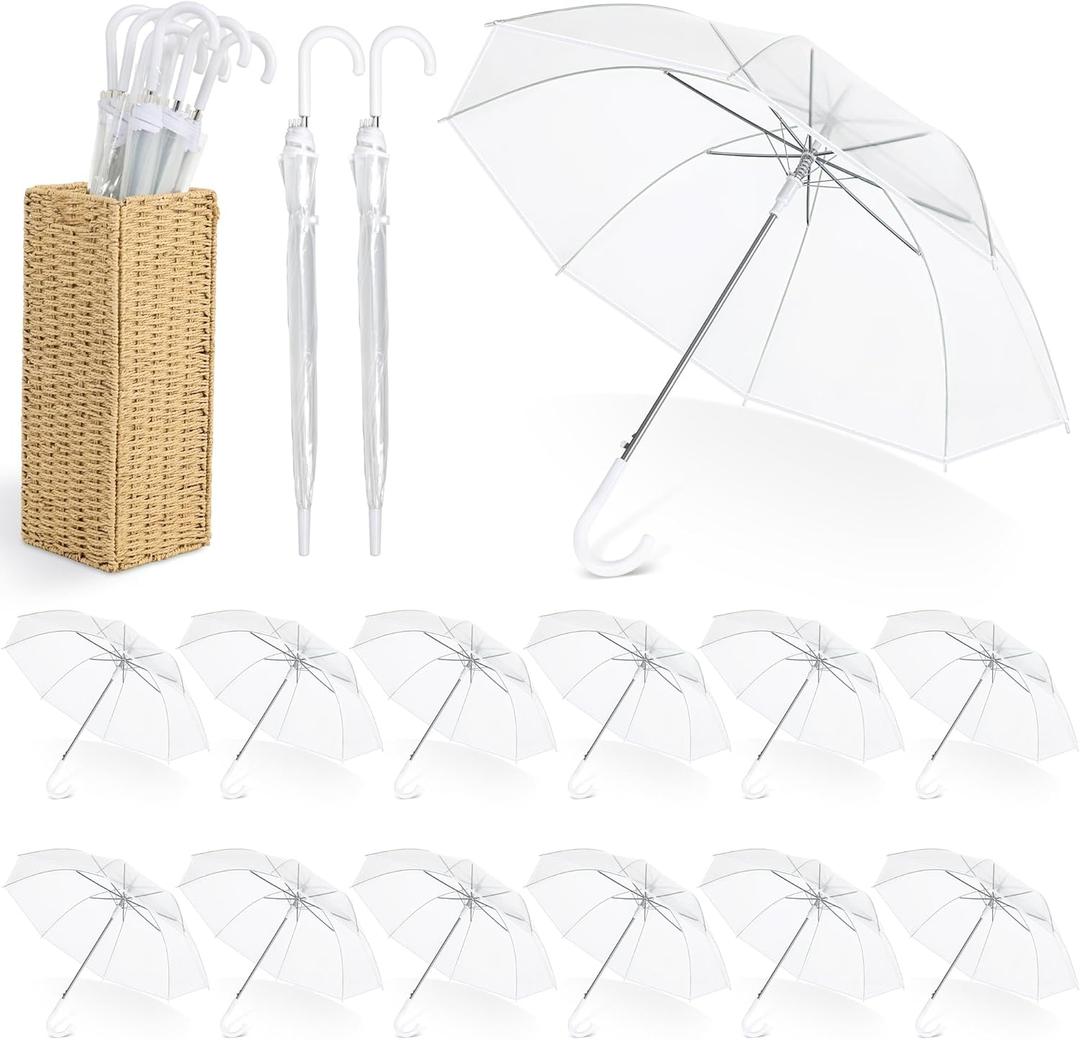 Aodaer 15 Pieces Clear Wedding Umbrellas with Foldable Storage Box Transparent Auto Open Stick Umbrellas Windproof Large Canopy Umbrella with J Hook Handle for Outdoor Activities, Wedding Photography