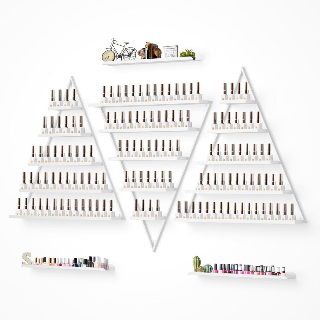 Lorvain Metal Wall-mounted Nail Polish Storage Racks White Triangular Display Rack 5 Tiers Cosmetic Display Cases Lipstick Perfume Wall Shelf Essential Oil Organizers for Home Spa Nail Salon Shop