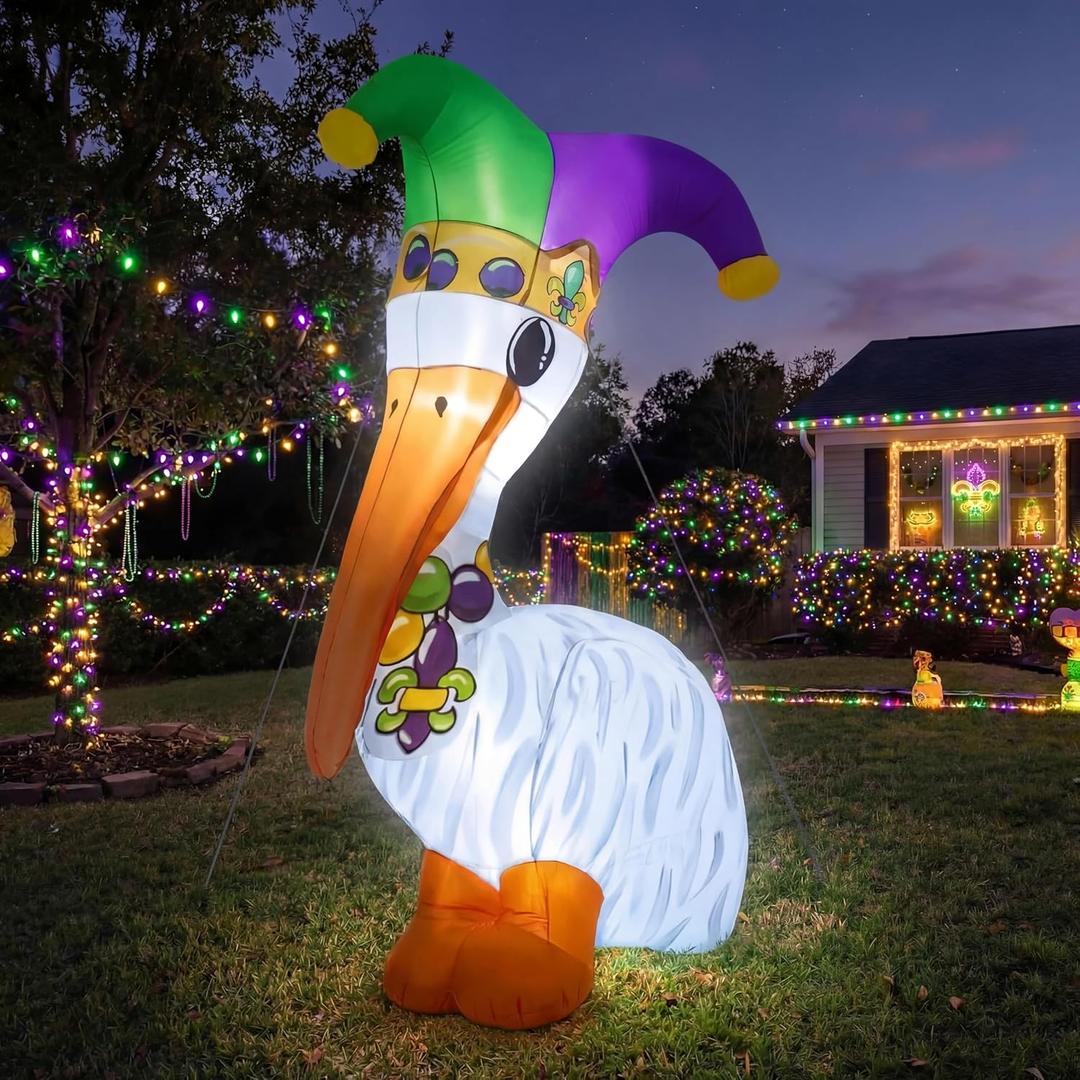 Jenaai 6.8 ft Mardi Gras Inflatable Decorations Huge Outdoor Inflatable Pelican with Crown Necklace Blow up Yard Decoration Built-in LED Lights Blow up Pelican for Lawn Garden Carnival Party Supplies