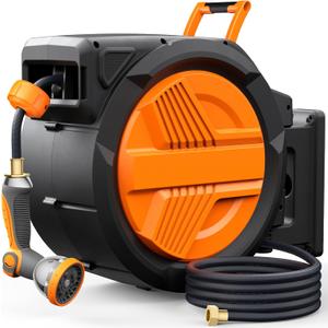 Retractable Garden Water Hose Reel 5/8” x 100ft, Auto Rewind, Heavy-Duty Wall-Mounted Outdoor Hose, 10-Mode Nozzle, Adjustable Length, 180° Rotation Bracket for Watering, Car Cleaning, Pet Washing