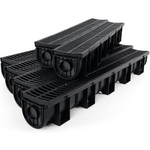 Trench Drain System, Channel Drain with Plastic Grate, 5.9x5.1-Inch HDPE Drainage Trench, Black Plastic Garage and GardenDrain, 6x39 Trench Drain Grate, with 6 End Caps,Convenient Assembly 6 Pack