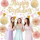 Gold Birthday Decorations, Happy Birthday Banner and Paper Pompoms, Hanging Swirls, Circle Dots Garland, Pennant Flags for Girls Women Party Decorations
