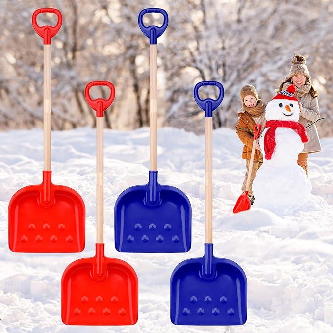 4 Pcs Kids Snow Shovel 30" Detachable Kids Digging Snow Shovel with Plastic Scoop & Wood Handle Portable Kids Shovels for Outdoor Yard Garden Activities Driveways Snow Removal Road Beach, Blue, Red