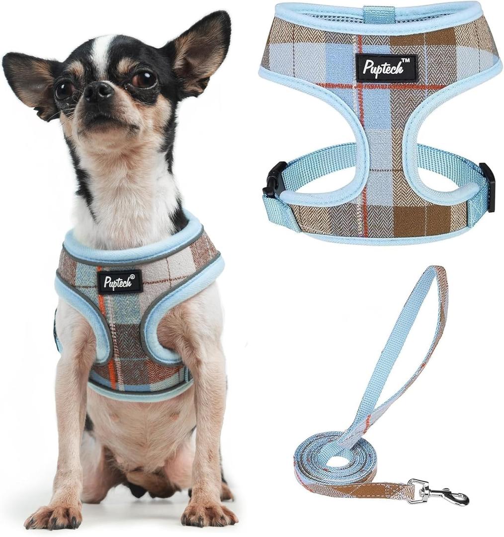 PUPTECK Soft Mesh Dog Harness and Leash Set Pet Puppy Cat Comfort Padded Vest No Pull Harnesses, Blue&Brown, XS