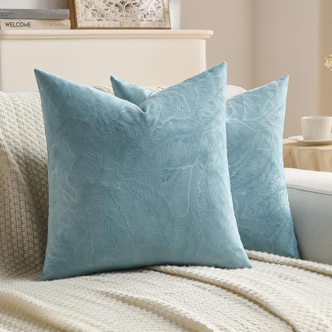 FUTEI Grey Blue Velvet Throw Pillow Covers 18x18 Inch Set of 2,Soft Embossed Leaf-Relief Textured Cushion Cases,Natural Home Decor for Couch Living Room