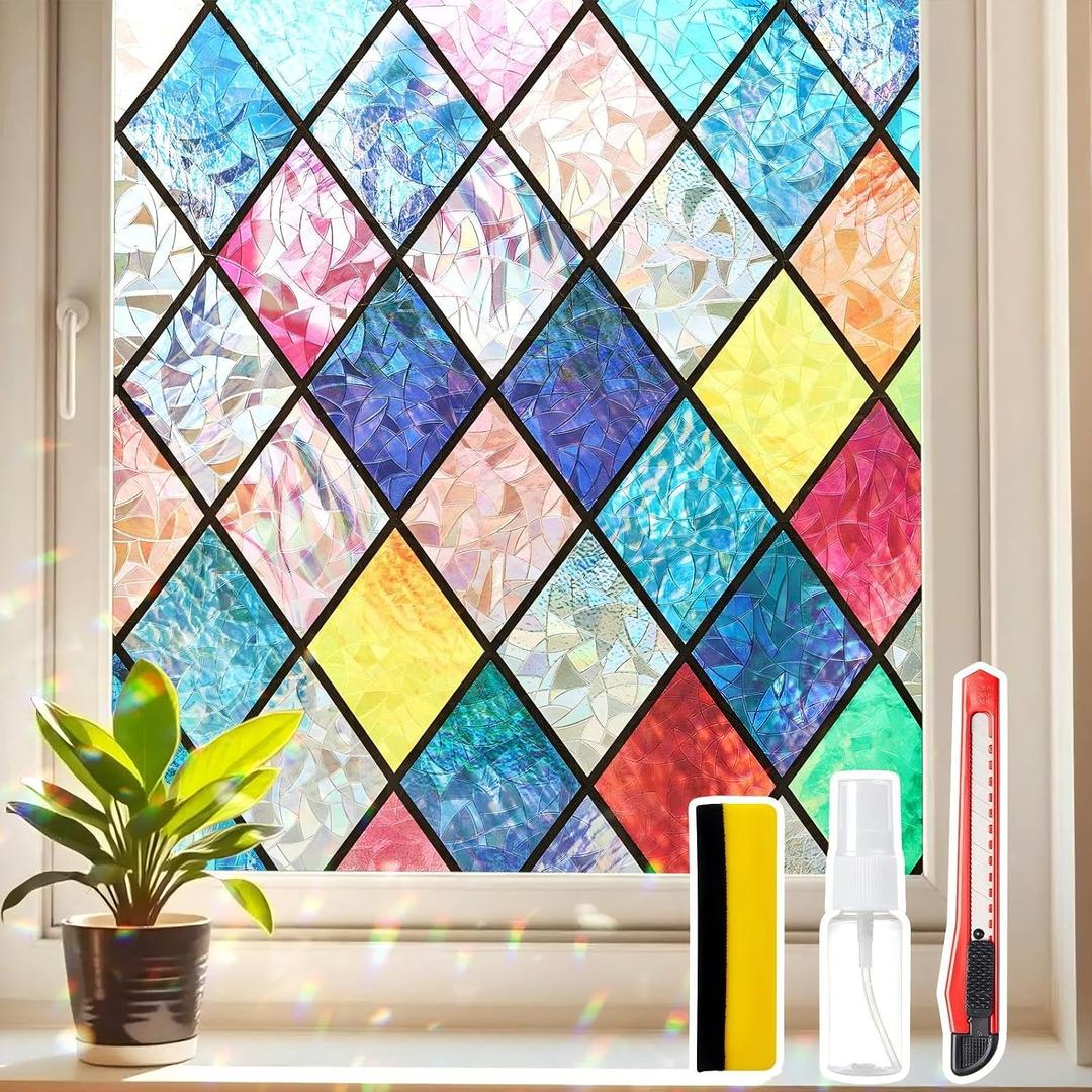 Window Privacy Film Stained Glass 29.5" x 78.7" Rainbow | Static cling – no glue, no residue. UV and heat blocking. Rainbow privacy for doors, windows, bathrs, with install tools