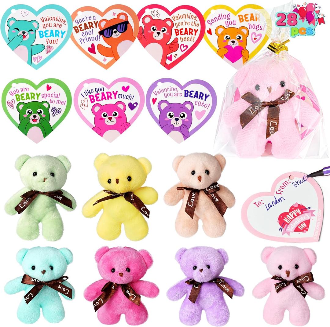JOYIN 28 Pack Valentines Day Gift Cards with Bear Plush Toys, Cute Mini Plush Toys Keychains for Boys Girls Party Favor, Classroom Exchange Cards and School Exchange Prize