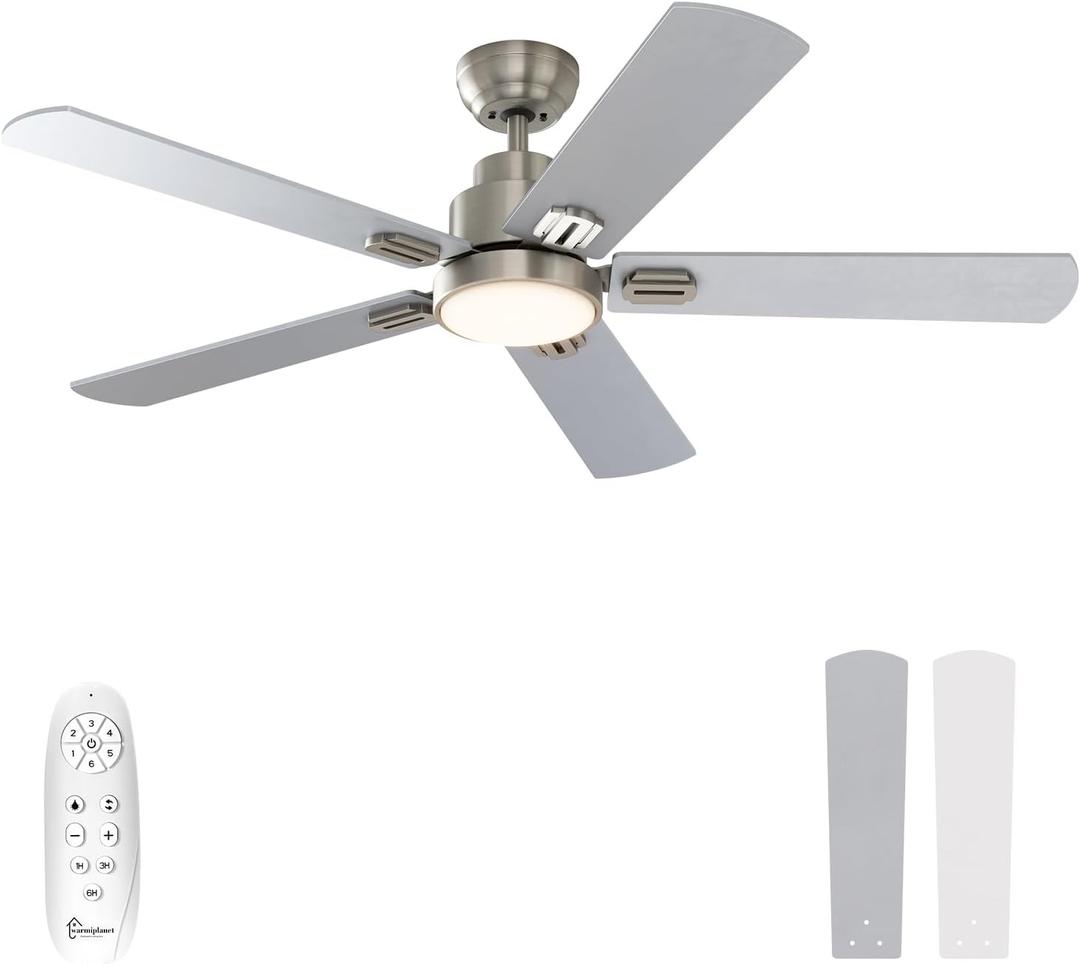 warmiplanet 52 Inch Indoor Ceiling Fans with Lights and Remote Control, 6 Speeds Slient Reversible DC Motor, 3 Color Dimmable LED Light, Timer, Brushed Nickel, 5 Blades warmiplanet 52 Inch Indoor Ceiling Fans with Lights and Remote Control, 6 Speeds Slient Reversible DC Motor, 3 Color Dimmable LED Light, Timer, Brushed Nickel, 5 Blades