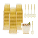 Blue Panda 200 Pack Gold Glitter Square Desert With Spoons, 100 Disposable Mini Dessert Shooter Cups With 100 Spoons For Party Events, Appetizers, Tasting Party, Snacks Parfait ( 2 OZ )