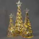 Red Co. 9.5", 8", and 6.5" Glass Christmas Tree Figurine Ornaments in Gold and Silver Finish, Light-Up Holiday Season Decor, Set of 3 Sizes