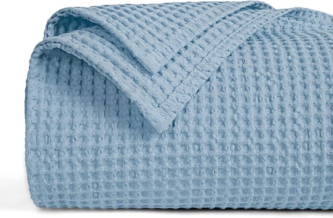 PHF Pre-Washed Cotton Waffle Weave Blanket King Size for Bed,Snag Proof Throw Blanket for Couch Spring Summer Lightweight Breathable,Oeko-TEX Certified,Machine Washable, Home Decor GiftDusty Blue