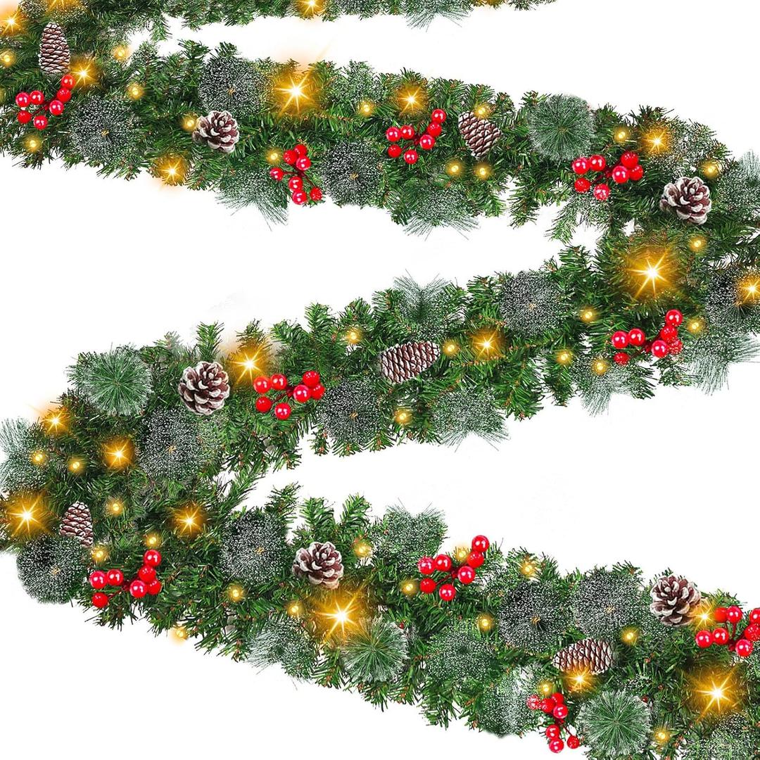 9 Foot by 10 Inch Christmas Garland  50 LED Lights, Battery Operated Lighted Garland Wreath with Pine Cones Red Berries Lush Branches, Prelit Garland Xmas Decoration Indoor Outdoor Home Holiday