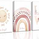 3 Pcs Nursery Canvas Wall Art Pink Sun Rainbow Hearts Posters Prints Boho Kids Room Pictures Wall Decor for Toddlers Children Baby Girl Bedroom Home Decoration, 16x24in-Canvas