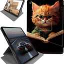 for Kindle Fire HD 8 Tablet (8th/7th/6th Generation, 2018/2017/2016 Release) Tablet Case-360 Rotating Stand Folding Protective Cover with Auto Sleep/Wake,Kitten with Glasses