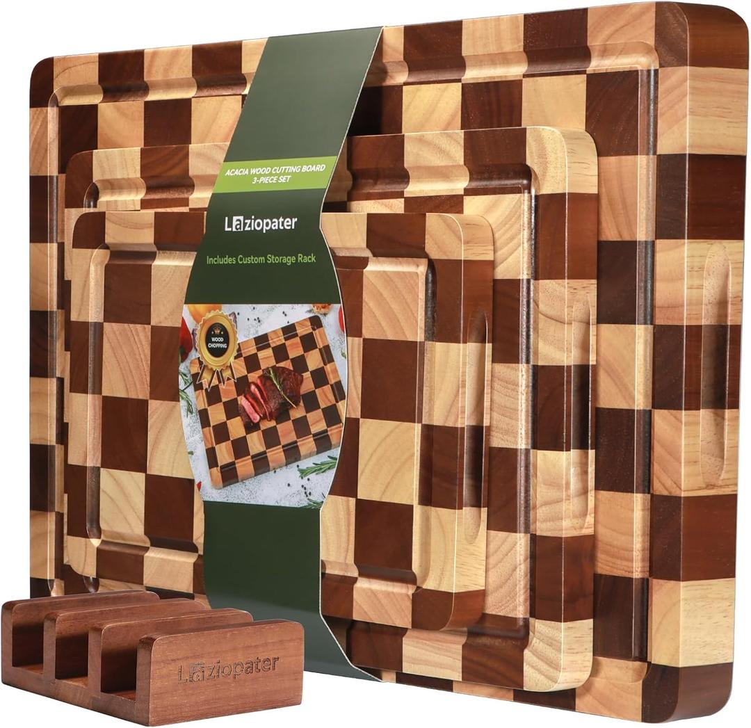 Checkerboard Cutting Board 3-PC Set, Solid Wooden Chopping Board, Acacia Wood Cutting Board for Kitchen with Holder with Deep Juice Grooves & Built-in Handles, for Meat, Vegetables and Fruits, 3-piece Set