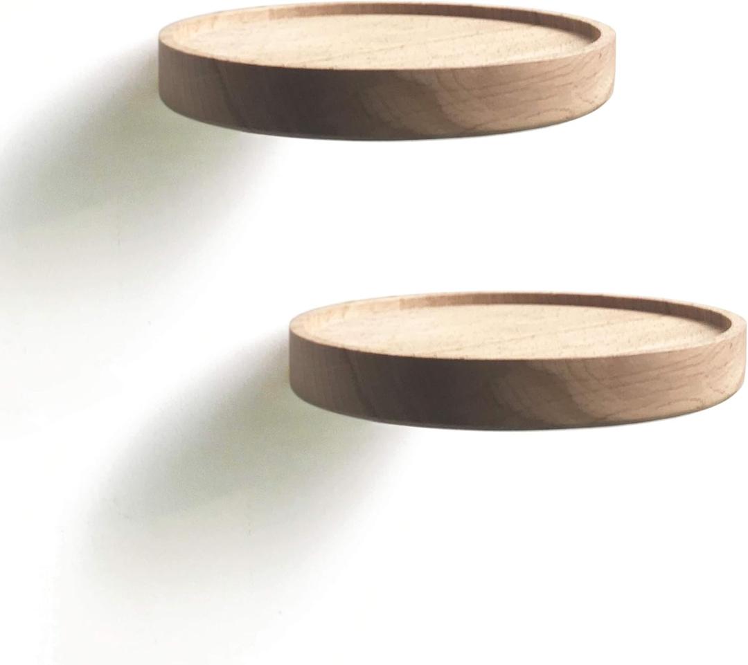 Coracle Floating Shelf Wood Round Wall Mounted Showcase Wall Shelf Hanging Planter Storage Wooden Shelf for Plants Photo Candle Invisible Wall Decoration Design Set of 2 (Diameter 5.9 inch)