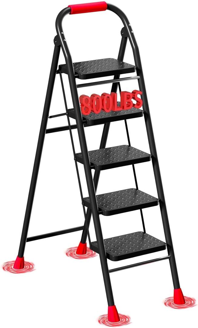5 Step Ladder, Foldable Step Stool with Wide Anti-Slip Pedal & Thick Rubber Feet, Cushioned Handle, Safe-Lock Design, Folding Portable Ladder for Multi-Purpose, 800lb, Black Red