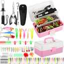 3 Layers Fishing Tackle Box 414 Pcs Fishing Lures Kit with Tackle Included, Pliers, Lip Gripper, Soft Baits, Hooks & Accessories Bait Lure Gear Gift for Beginners Women Men(Pink)