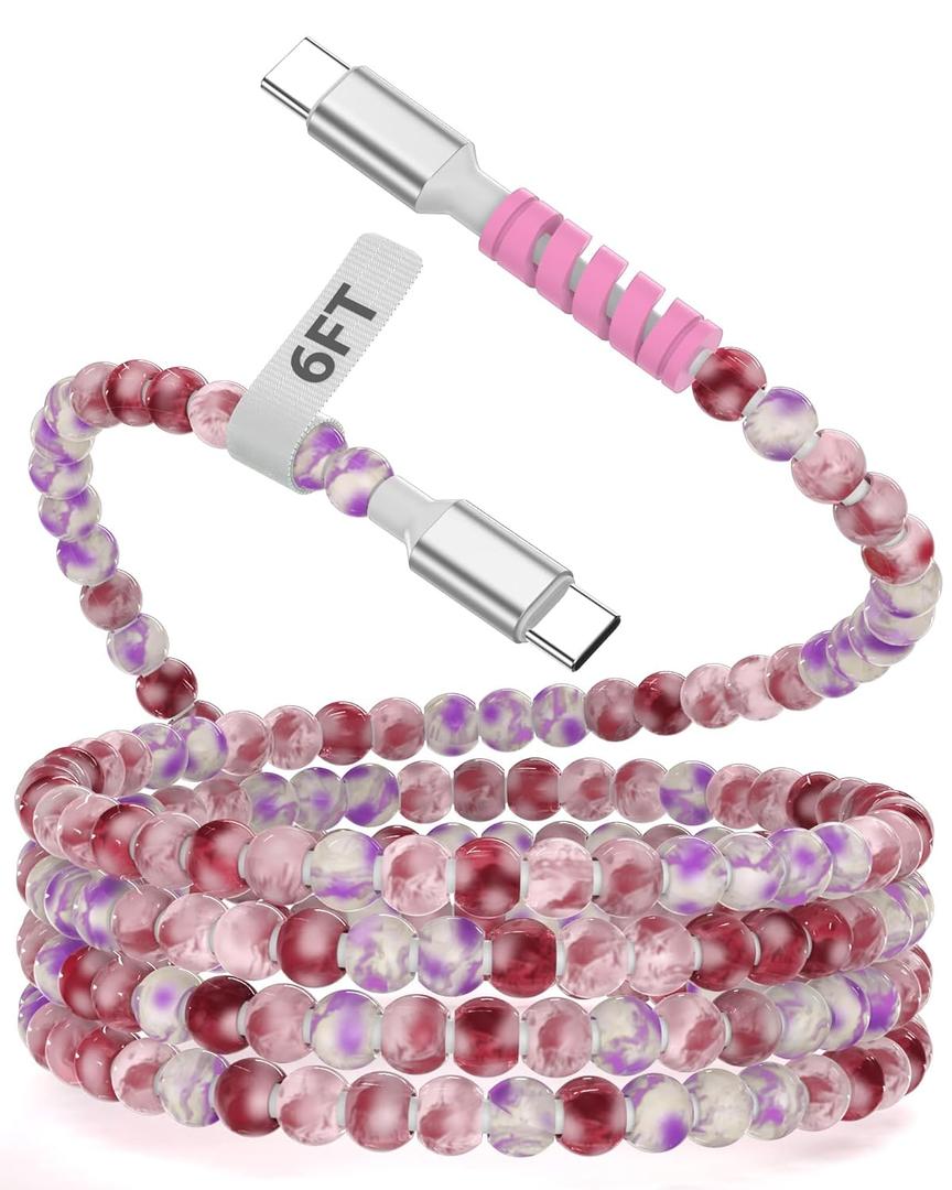 6 ft USB C Cable Charging Cord Beaded Charger for Apple Tangle-Free Bead for Carplay Car Play for iPhone 17 17e Air 16 16e 15 Pro Max Type C Wire for Samsung S26 S25 S24 S23 for Girls Women Purple