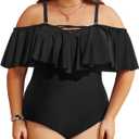 Daci Women Plus Size One Piece Swimsuits Tummy Control Ruffle Off Shoulder Bathing Suits (M, Black2)